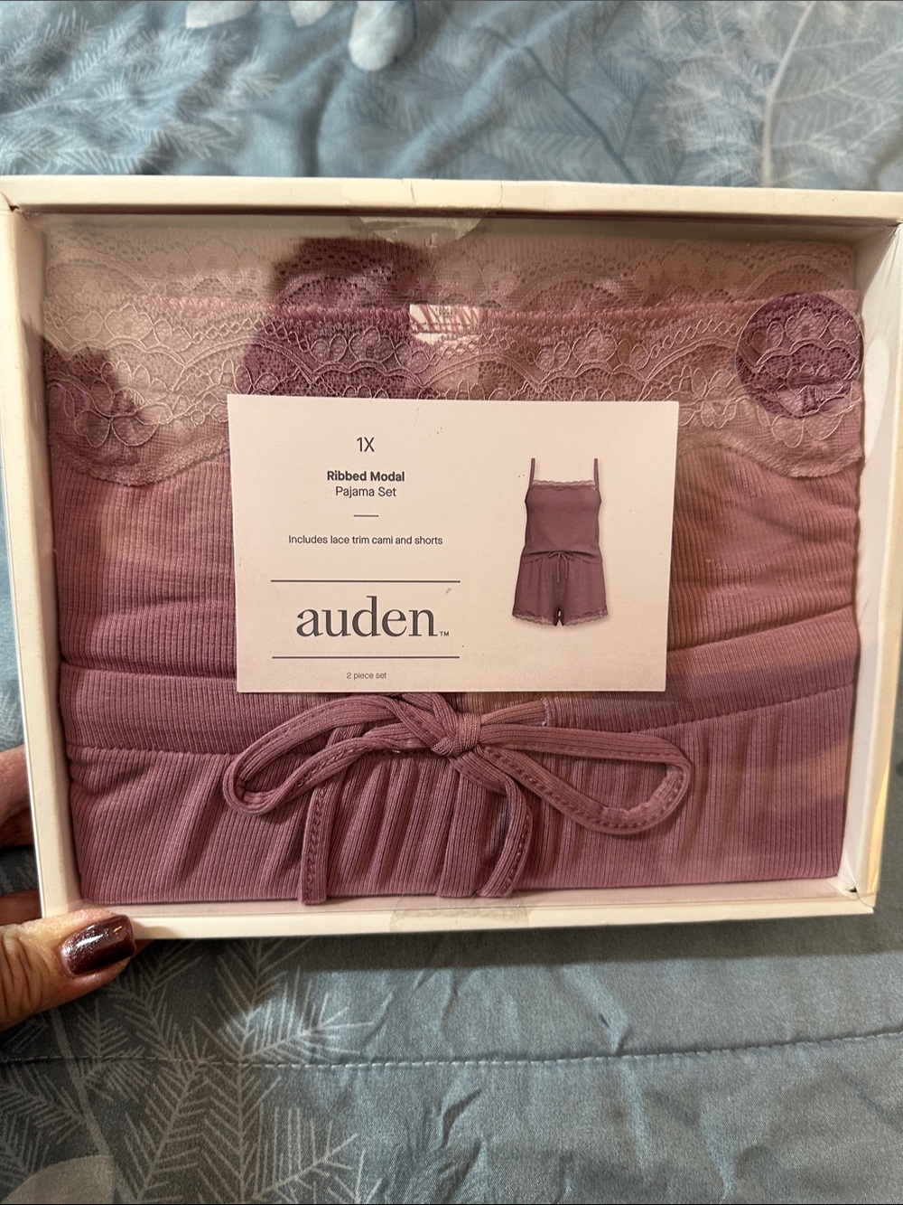NIB auden Ribbed Modal Lace-Trim Cami & Shorts Pajama Set - Mauve Pink SZ 1X